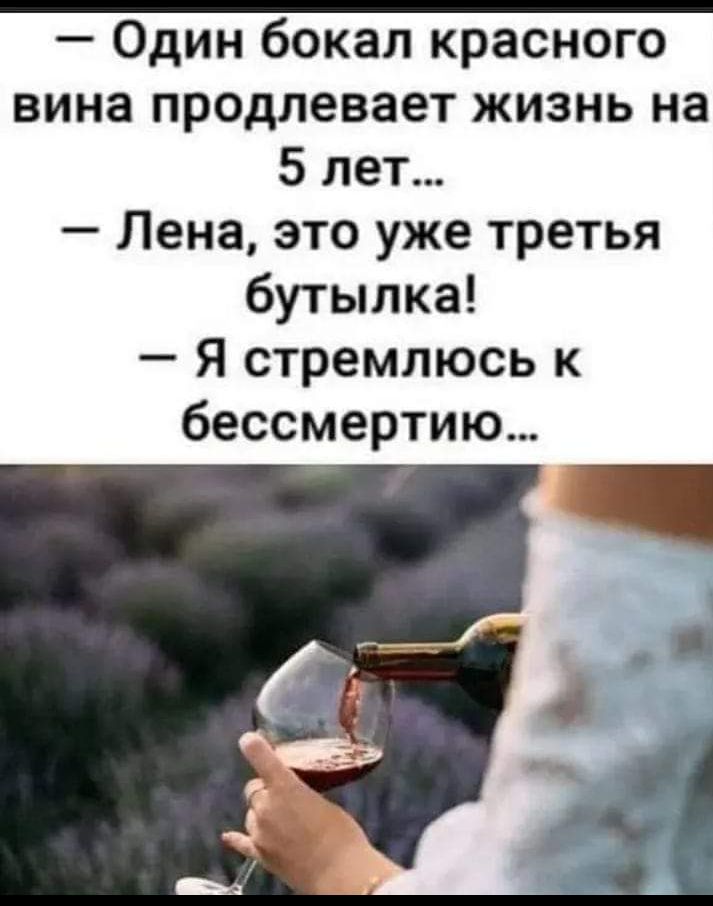 Один бокал красного вина продлевает жизнь на 5 лет Лена это уже третья бутылка Я стремлюсь бессмертию