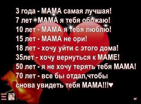 3 года А самая лучшая 7 лет я тебя аю 10 1 15 пет МАМА не ори 18 лет хочу уйти с этого дома 35лет хочу вернуться и ты 50 лет я не хочу терять тебя МАМА 70 лет все бы отдапчто6ы Мова увидеть тебя МАМАШ