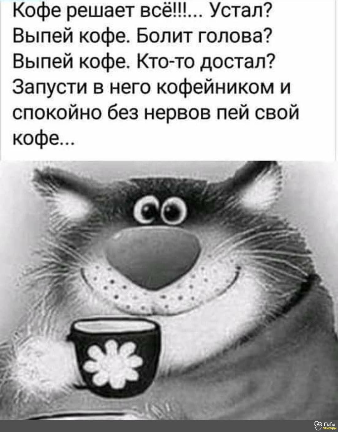 Кофе решает всё Устал Выпей кофе Болит голова Выпей кофе Кто то достал Запусти в него кофейником и спокойно без нервов пей свой кофе