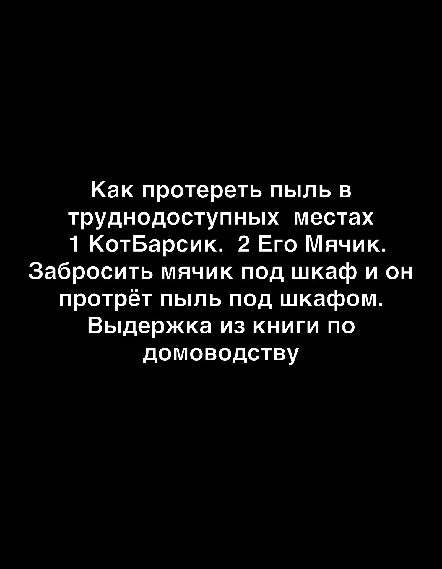 Как протереть пыль в труднодоступных местах 1 КотБарсик 2 Его Мячик Забросить мячик под шкаф и он протрёт пыль под шкафом Выдержка из книги по домоводству