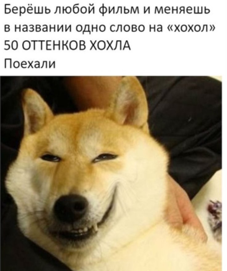Берёшь любой фильм и меняешь в названии одно слово на хохол 50 ОТТЕНКОВ ХОХЛА Поехали