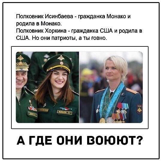 Полковник Исинбаева гражданка Монако и родила в Монако Полковник Хоркина гражданка США и родила в США Но они патриоты а ты говно