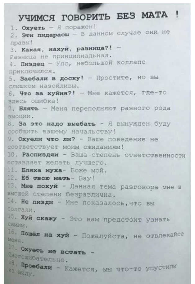УЧИМСЯ гомь БЕЗ ИАТА 1 Он Я поражен 2 эти пид рав в данном случае они не правы 3 мии ипУй рдьиш Разница Не принципиальная 4 шил ц Упс небольшой коллапс приключился 5 доску Простите но вы слишком назойливы 6 Что путы Мне кажется где то днесь ошибка Меня переполняют разного рода Б 5 это лицо тить Я вынужден буду вашему начальству что ли Ваше поведение не мея ствует моим ожиданиям Ваша степень ответс