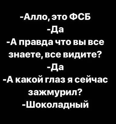 Алло это ФСБ да А правда что вы все знаете все видите да А какой глаз я сейчас зажмурил Шоколадный