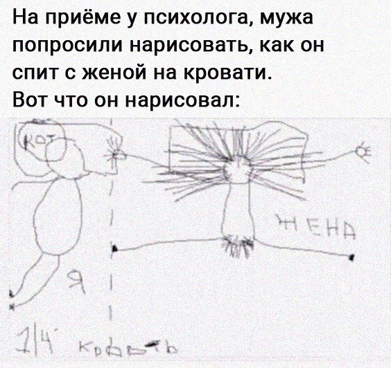 На приёме у психолога мужа попросили нарисовать как он спит с женой на кровати Вот что он нарисовал ц