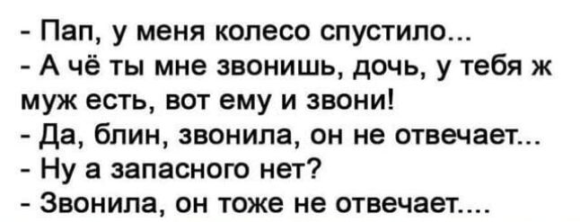 Пап у меня колесо спустило А чё ты мне звонишь дочь у тебя ж муж есть вот ему и звони да блин звонила он не отвечает Ну а запасного нет Звонила он тоже не отвечает