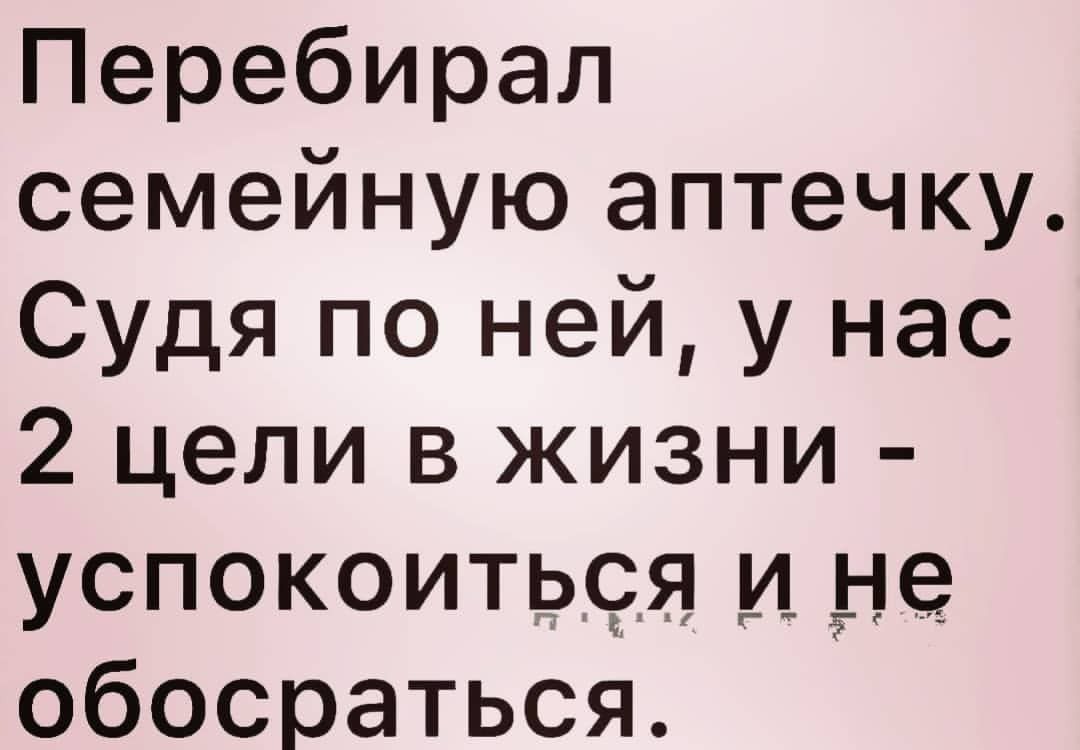 Перебирап семейную аптечку Судя по ней у нас 2 цели в жизни успокоить9яи не обосраться