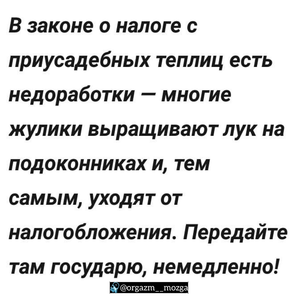 В законе о налоге с приусадебных теплиц есть недоработки многие жулики выращивают лук на подоконниках и тем самым уходят от налогобложения Передайте там государю немедленно