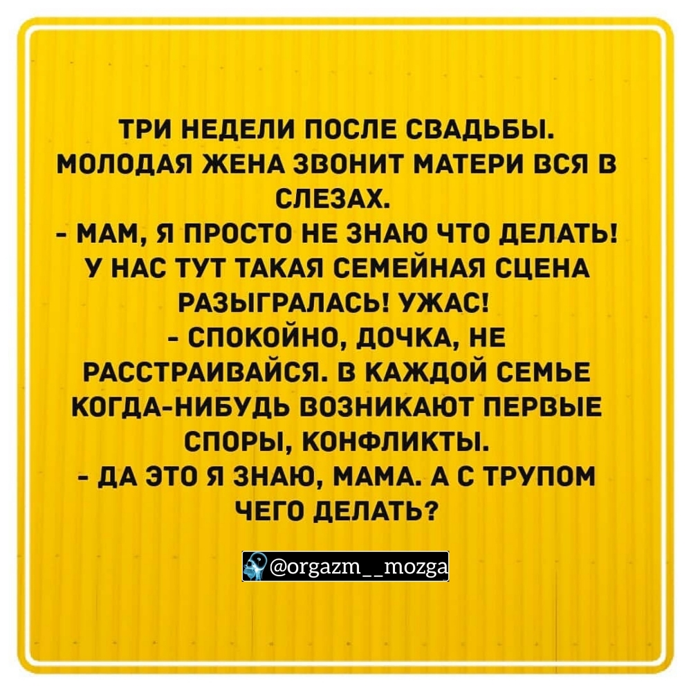 ТРИ НЕДЕЛИ ПОСЛЕ СВАДЬБЫ МОЛОДАЯ ЖЕНА ЗВОНИТ МАТЕРИ ВСЯ В СЛЕЗАХ мдм я просто не зндю что двлдты у ндс тут ТАКАЯ свмейндя СЦЕНА рдзыгрдмсы уждс спокойно дочкд нв РАССТРАИВАЙСЯ В КАЖДОЙ СЕМЬЕ КОГДА НИБУДЬ ВОЗНИКАЮТ ПЕРВЫЕ СПОРЫ КОНФЛИКТЫ ДА ЭТО Я ЗНАЮ МАМА А С ТРУПОМ ЧЕГО ДЕЛАТЬ