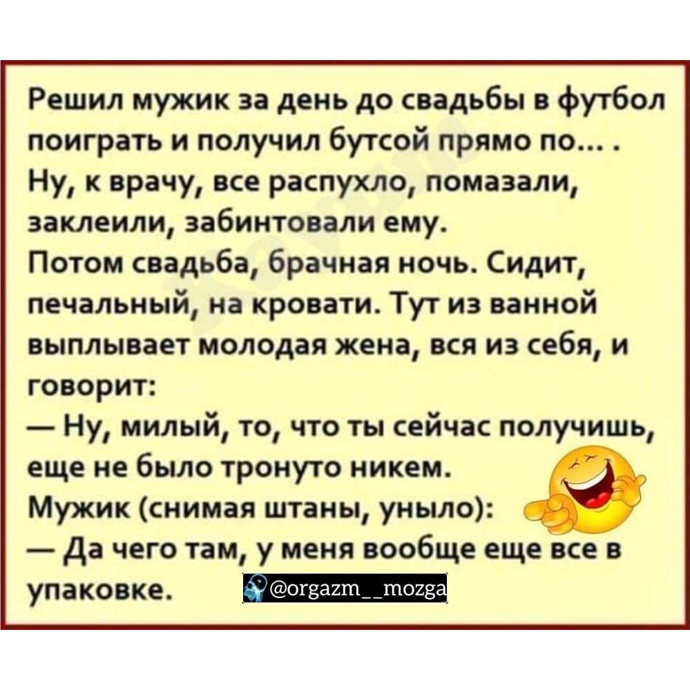 Решил мужик за день до свадьбы в футбол поиграть и получил бутсой прямо по Ну к врачу все распухло помазали заклеили забинтовали ему Потом свадьба брачная ночь Сидит печальный на кровати Тут из ванной выплывает молодая жена вся из себя и говорит Ну милый то что ты сейчас получишь еще не было тронуто никем Мужик снимая штаны уныло да чего там у меня вообще еще все в упаковке