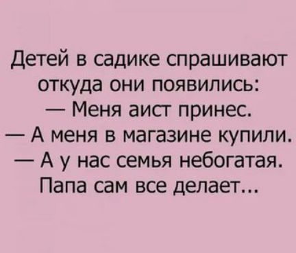 Детей в садике спрашивают откуда они появились Меня аисг принес А меня в магазине купили А у нас семья небогатая Папа сам все делает