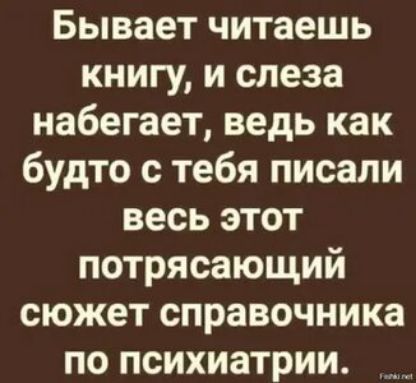 Бывает читаешь книгу и слеза набегает ведь как будто с тебя писали весь этот потрясающий сюжет справочника по психиатрии
