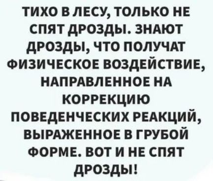 тихо в лесу только не спят дрозды 3НАют дрозды что ПОЛУЧАТ Физическое воздействие НАПРАВЛЕННОЕ НА коррекцию поведенческих редкций вырдженное в грувой ФОРМЕ вот и не спят дрозды