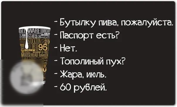 Бутылку пива пожалуйста ё Пасюрт есть 5 Нет Тополиный пух Жара июпь 60 рублей