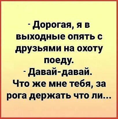 Дорогая, я в выходные опять с друзьями на охоту поеду.
Давай-давай. Что же мне тебя, за рога держать что ли...