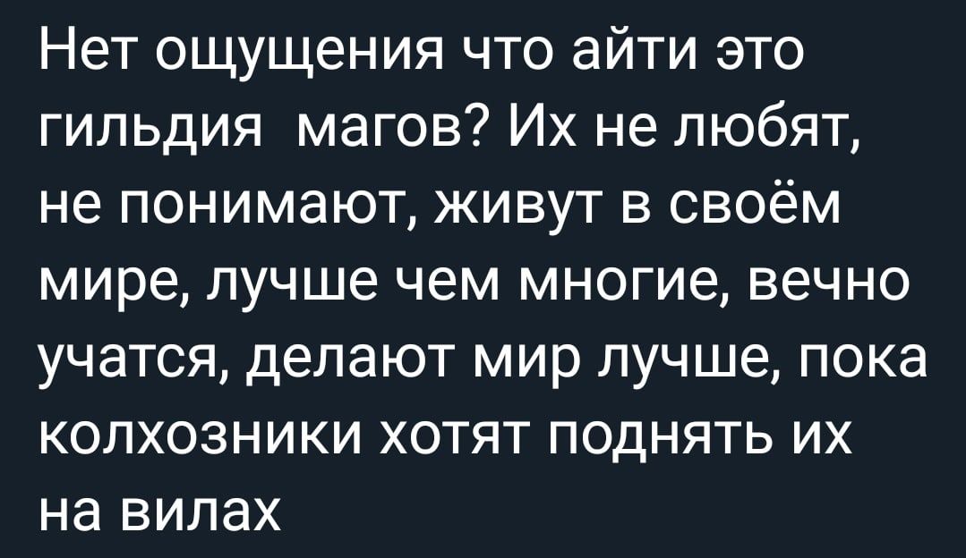 Нет ощущения что айти это гильдия магов Их не любят не понимают живут в своём мире лучше чем многие вечно учатся делают мир лучше пока колхозники хотят поднять их на випах