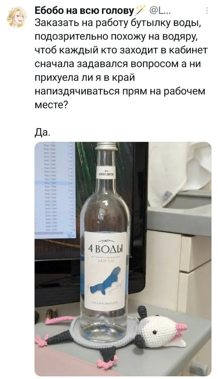 Ебобо на всю голову @L... Заказать на работу бутылку воды, подозрительно похожую на водяру, чтобы каждый кто заходит в кабинет сначала задавался вопросом а ни прихуелa ли я в край напиздячиваться прям на рабочем месте? Да.