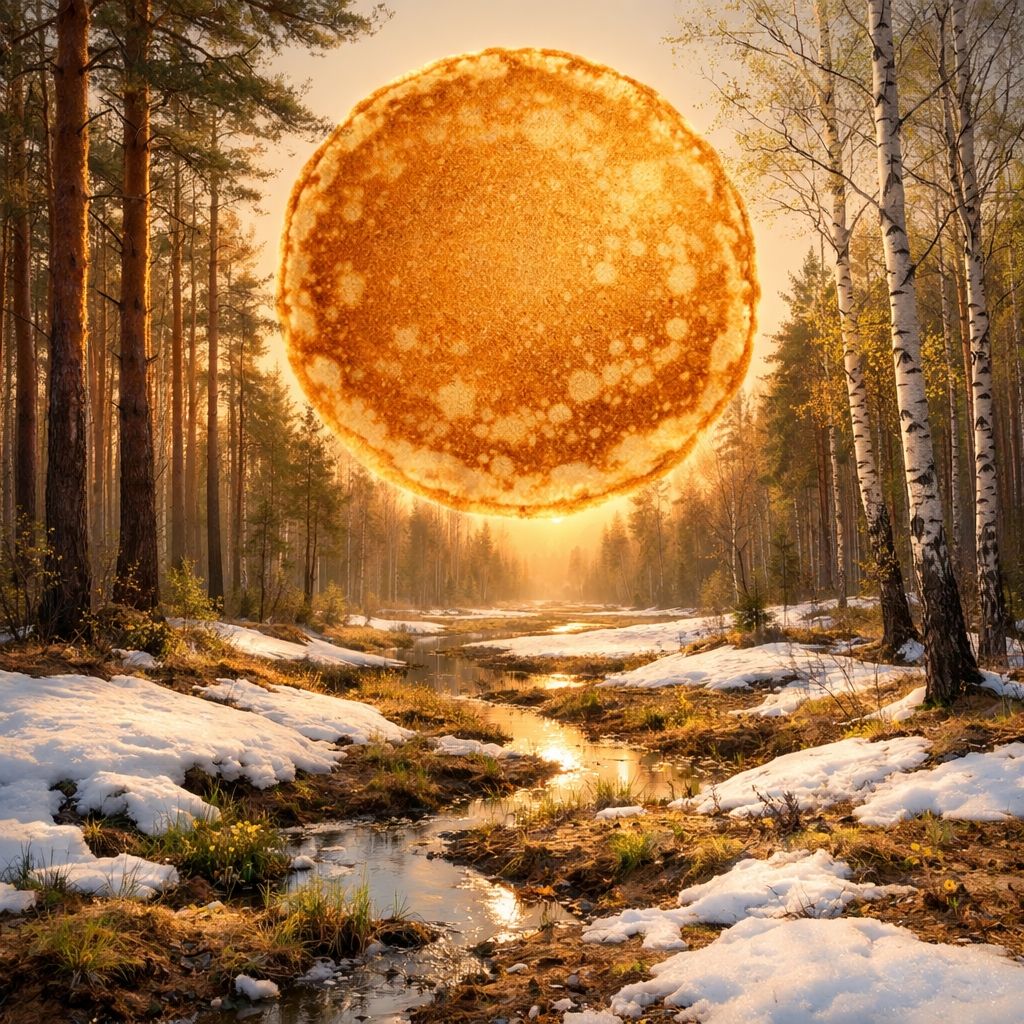  surreal forest scene with a giant glowing pancake-like sun over a snowy path 