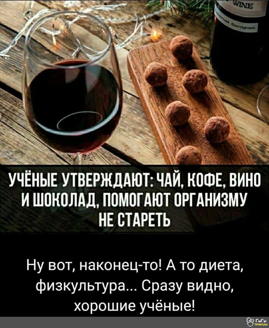 УЧЁНЫЕ УТВЕРЖДАЮТ ЧАЙ НПФЕ ВИНЕ И ШШШЛАД ПОМОГАЮТ ПРГАНИЗМУ НЕ СТАРЕТЬ Ну вот наконец то А то диета физкультура Сразу видно хорошие учёные