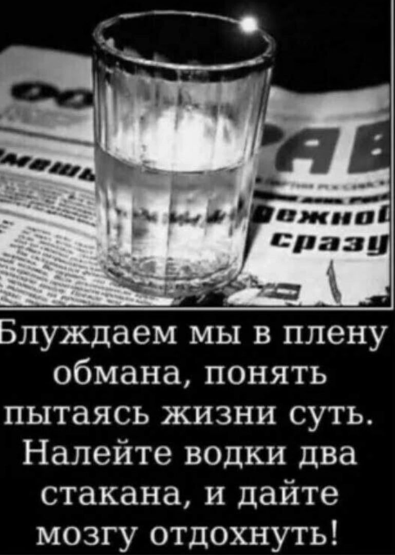 Блуждаем мы в плену обмана понять пытаясь жизни суть Налейте водки два стакана и дайте мозгу отдохнуть