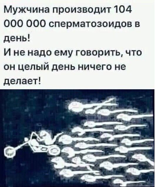 Мужчина производит 104 000 ООО сперматозоидов в день И не надо ему говорить что он целый день ничего не делает