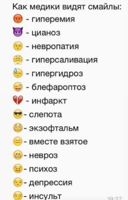 Как медики видят смайлы гиперемия цианоз невропатия гиперсаливация гипергидроз блефароптоз инфаркт О слепота О экзофтальм О вместе взятое невроз психоз депрессия инсульт