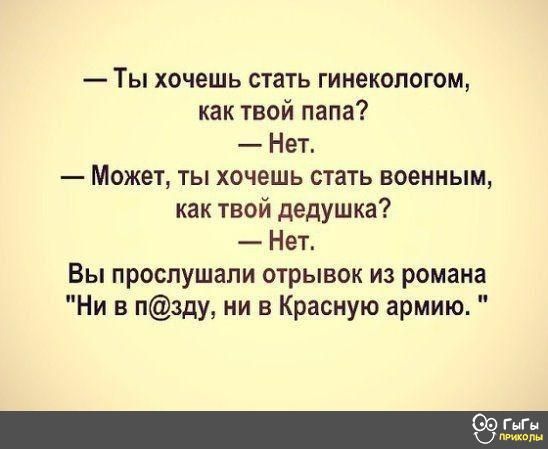 Ты хочешь стать гинекологом как твой папа Нет Может ты хочешь стать военным как твой дедушка Нет Вы прослушали отрывок из романа Ни в п3ду ни в Красную армию Ш