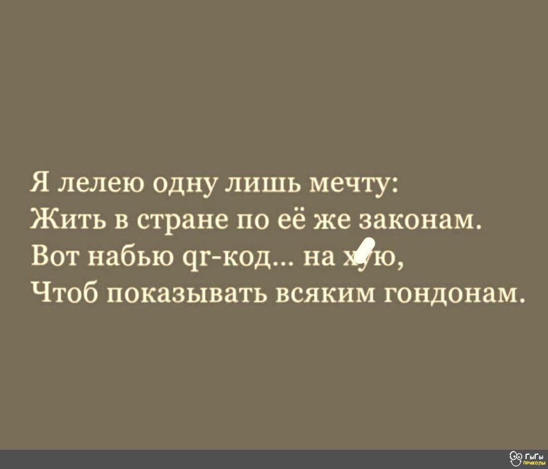 Я лелею одну лишь мечту Жить в стране по её же законам Вот набью р код на Дю Чтоб показывать всяким гондонам