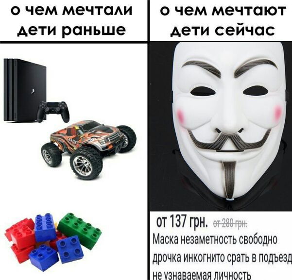 О чем МВЧТОАИ дети раньше о чем мечтают дети сейчас от 137 грн Маска НЕЗЗМЕТНОСТЬ СВОБОДНО ДРОЧКЗ ИНКОГНИТО СРЗТЬ В подъезд НЕ узнаваемая ЛИЧНОСТЬ