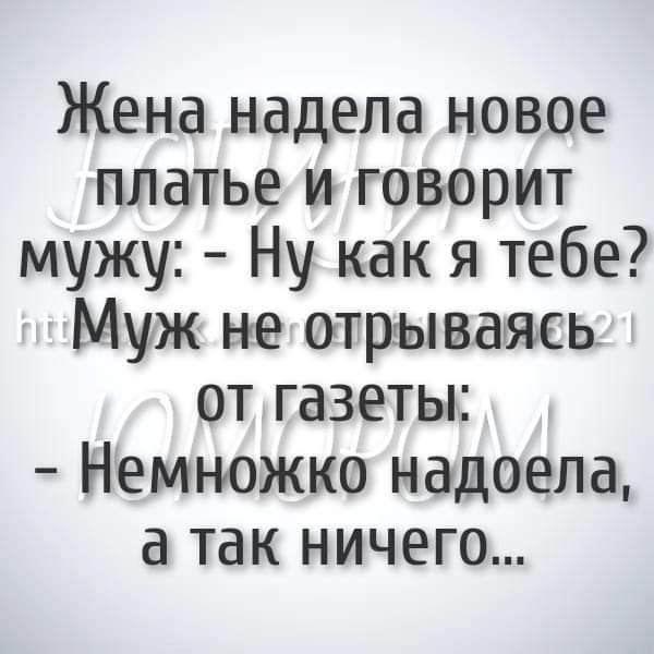 Жена надела новое платье и говорит мужу Ну как я тебе Муж не отрываясь от газеты Немножко надоела а так ничего
