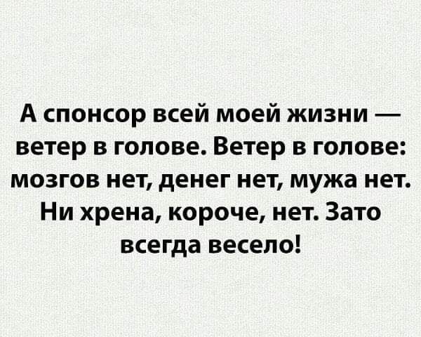 А спонсор всей моей жизни ветер в голове Ветер в голове мозгов нет денег нет мужа нет Ни хрена короче нет Зато всегда весело