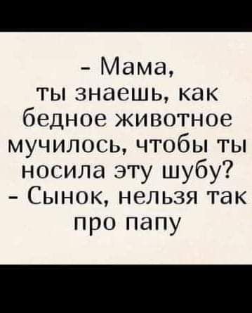 Мама ты знаешь как бедное животное мучилось чтобы ты носила эту шубу Сынок нельзя так про папу