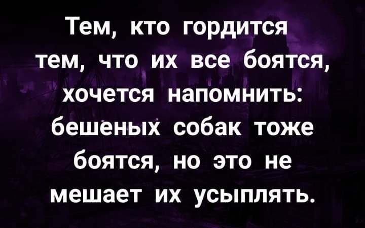 Тем кто гордится тем что_их все боятся хочется напомнить бешеных собак тоже боятся но это не мешает их усыплять