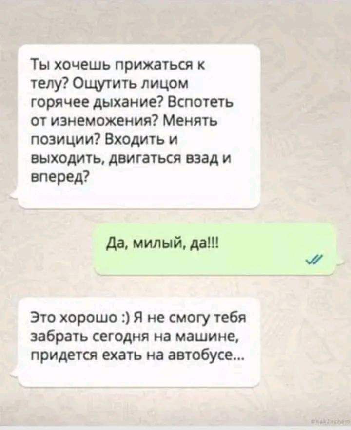 Ты хочешь прижаться телу Оцмить лицом горячее дыхание Вспотеть от изнеможения Менять позиции Входить и выходить двигаться взад и вперед да милый даш это хорошо Я не смогу тебя забрать годня на машине придется ЕХЕ на автобусе