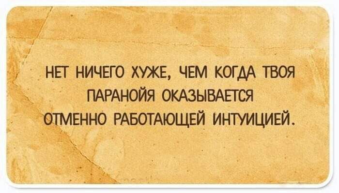 НЕТ НИЧЕГО ХУЖЕ ЧЕМ КОГДА ТВОЯ ПАРАНОЙЯ ОКАЗЫВАЕГСЯ отменно РАБОТАЮЩЕЙ интуицигй