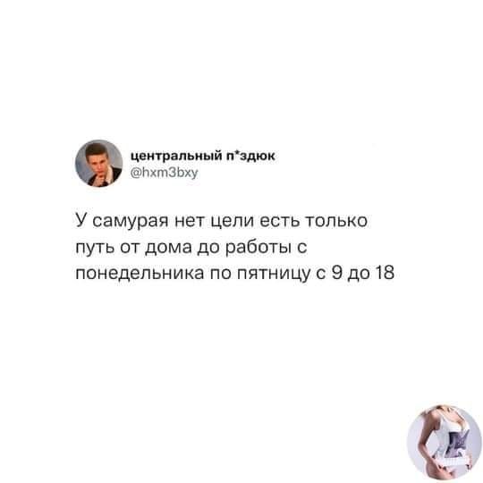 Митин ини п шк ихтзьху У самурая нет цепи есть только путь от дома до работы с понедельника по пятницу с 9 до 18