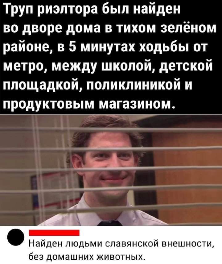 Труп риэлтора был найден во дворе дома в тихом зелёном районе в 5 минутах ходьбы от метро между школой детской площадкой поликлиникой и продуктовым магазином Найден людьми славянской внешности без домашних животных