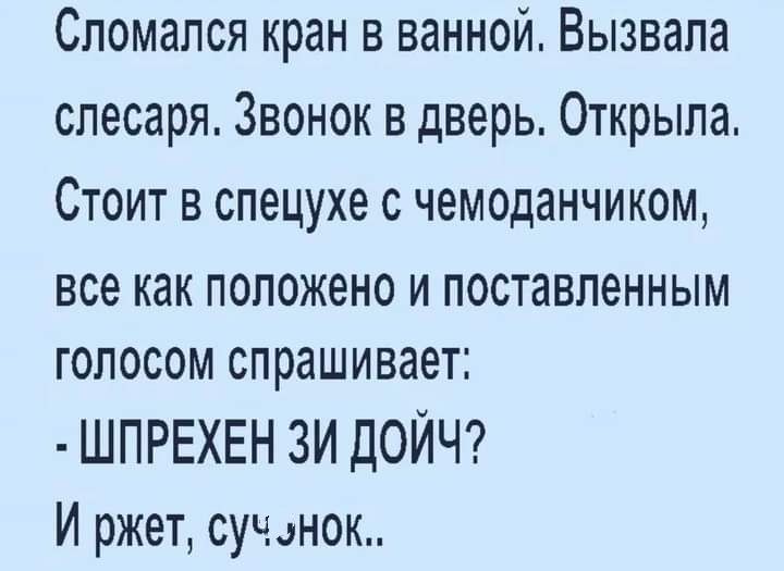 Сломался кран в ванной Вызвапа слесаря Звонок в дверь Открыла Стоит в спецухе чемоданчиком все как положено И поставленным ГОЛОСОМ спрашивает ШПРЕХЕН ЗИ дОЙЧ И ржет сучнок