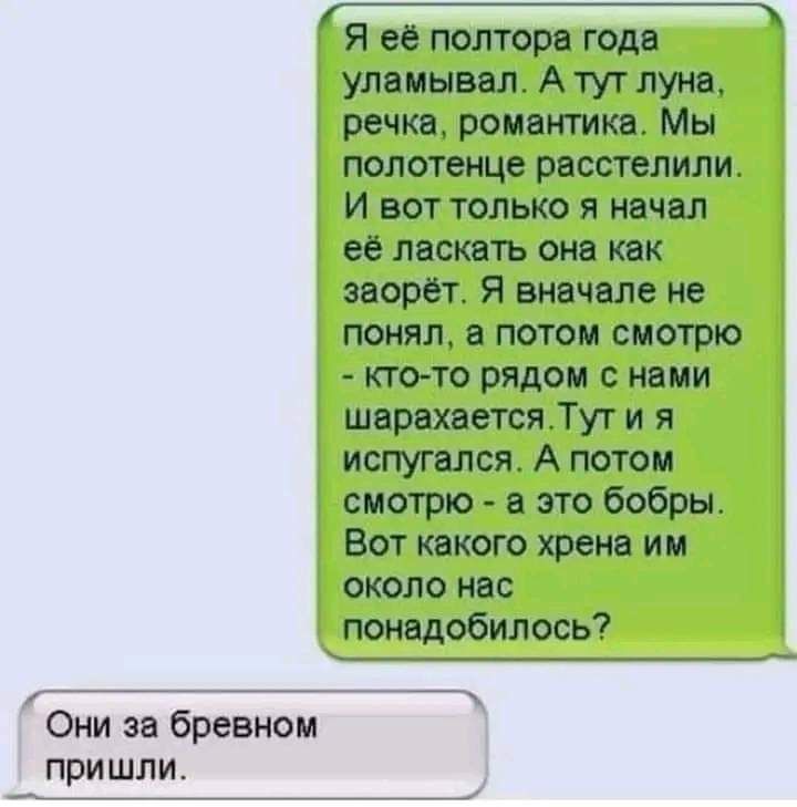 Я ее полтора года уламывал А тут луна речка ромакгикв Мы полотенце расстелили И вот только я начал ее ласкать она юак норы Я вначале не понял а потом смотрю кто то рядом с нами шарахяетсяТут и я испугался А потом смотрю а это бобры Вот какого хрена им около нас понадобилось Они за бревном пришли