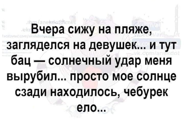 Вчера сижу на пляже загляделся на девушек и тут бац солнечный удар меня вырубил просто мое солнце сзади находилось чебурек ело