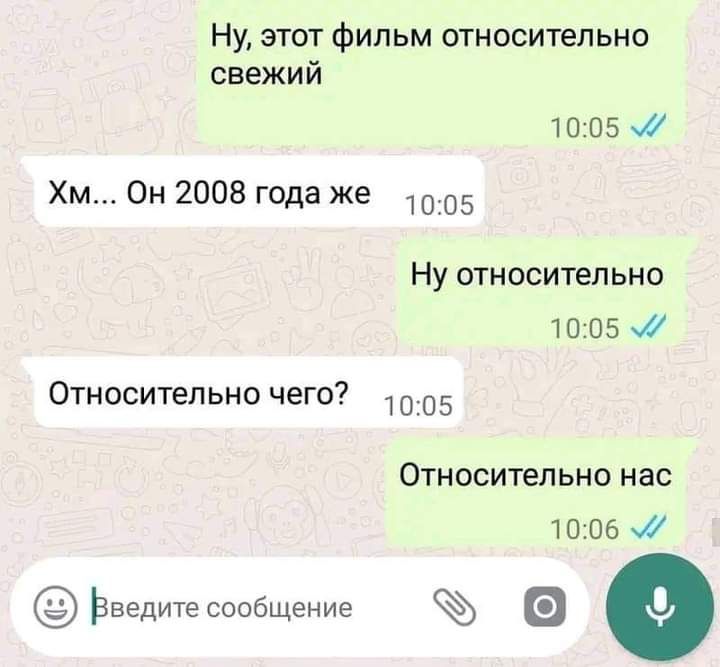 Ну этот фильм относительно свежий 1005 0 Хм Он 2008 года же 05 Ну относительно 1005 Относительно чего 05 Относительно нас 1006 Ьведитесообщение