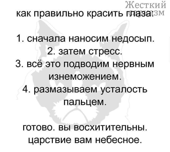 ЛЮ как правильно красить 11688 1 сначала наносим недосып 2 затем стресс 3 всё это подводим нервным изнеможением 4 размазываем усталость пальцем ГОТОВО ВЫ ВОСХИТИТЭПЬНЫ Царствие вам небесное