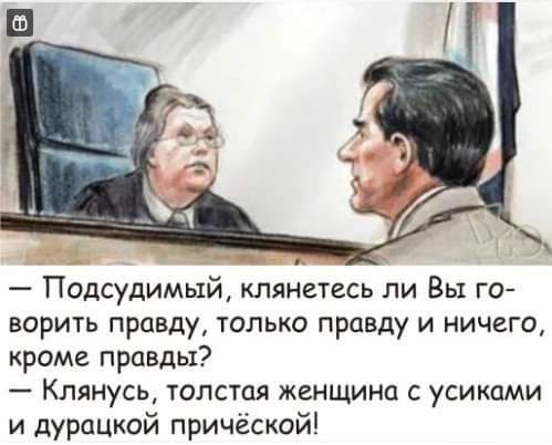 Подсудимый клянетесь ли Вы го ворить правду только правду и ничего кроме правды Клянусь толстая женщина усиками и дурацкой причёской