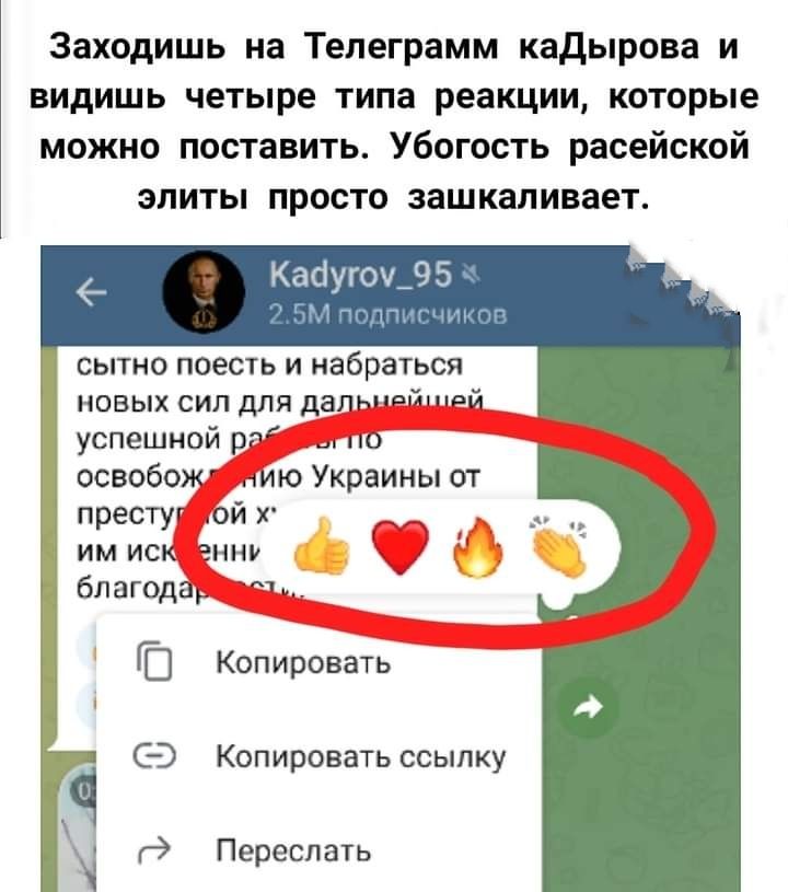 Заходишь на Тепеграмм кадырова и видишь четыре типа реакции которые можно поставить Убогость расейской ЗПИТЫ проста зашкаливает сытно поесть и набраться новых сил для дал ваний успешной рэ но освобож ию Украимыот престу ой Х им иск ент бпагодаъ 1 ГШ Копировать СЭ Копировать ссылку а Переспать
