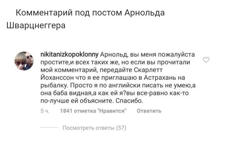 Комментарий под постом Арнольда Шварцнеггера присущем псих та же если вы прочишли мви комметприи передайте Скарлеп Йоханссон что я ее приглашаю в Апрахзиь на вышку Пршо п пв английски лишь уиеюд пив Баба винница ей пвы все равна като получше ей обыщите спасибо н ш пікп пЩтКИппуАриочьд пы меня ппжллуйсп