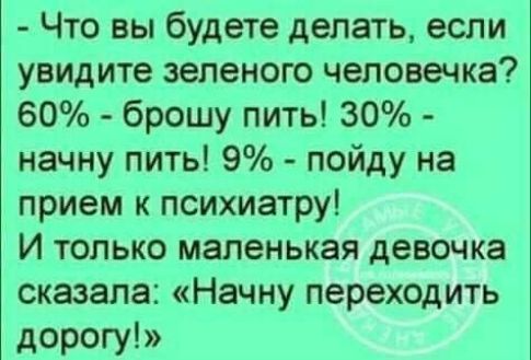 Что вы будете делать если увидите зеленого человечка 60 брошу пить 30 начну пить 9 пойду на прием к психиатру И только маленькая девочка сказала Начну переходить дорогу