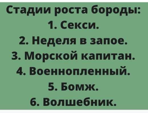 Стадии роста бороды 1 Секси 2 Неделя в запое 3 Морской капитан 4 Военнопленный 5 Бомж 6 Волшебник