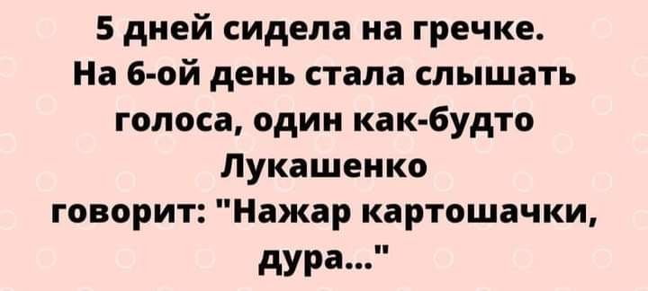 5 дней сидела на гречке На 6 ой день стала слышать голоса один как будто Лукашенко говорит Нажар картошачки дура