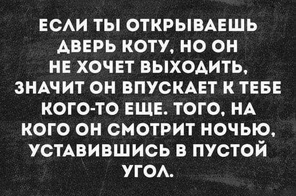 ЕСАИ ТЫ ОТКРЫВАЕШЬ АВЕРЬ КОТУ НО ОН НЕ ХОЧЕТ ВЫХОАИТЬ ЗНАЧИТ ОН ВПУСКАЕТ К ТЕБЕ КОГО ТО ЕЩЕ ТОГО НА КОГО ОН СМОТРИТ НОЧЫО УСТАВИВШИОЬ В ПУСТОЙ УГОА