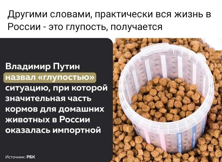 Другими словами практически вся жизнь в России _ это глупость получается Владимир Путин ситуацию при которой ЗИЗЧИПЕПЬИЕЯ ЧЕСТЬ кормов для домашних животных в России оказалась импортной